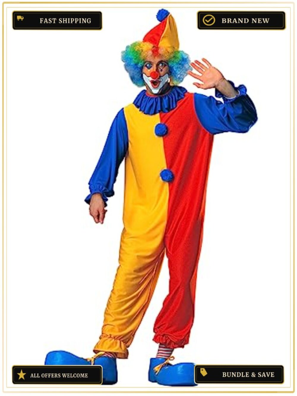 Men's Classic Clown Costume Hat Jumpsuit Neck Ruffle Halloween